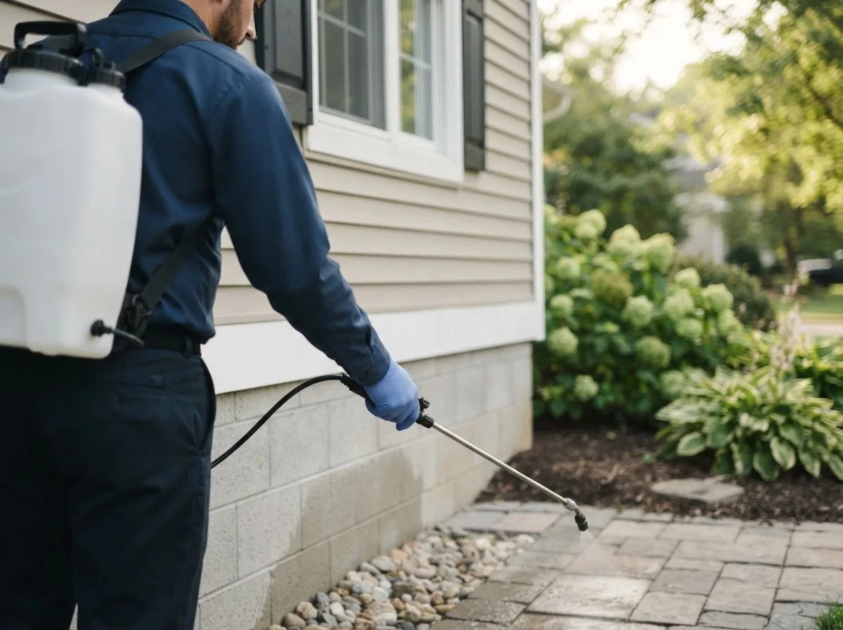 Pest control technician inspecting a home in Alexander, IL